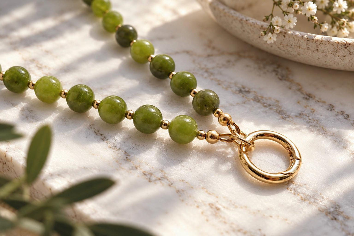 Green Jade Beaded Necklace, Natural Gemstone Beaded Choker, Personalized Charm Holder Necklace,