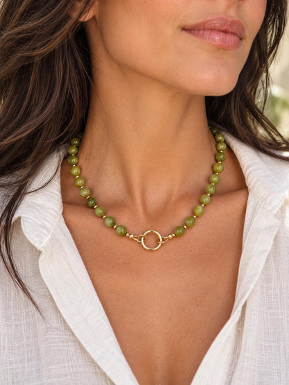 Green Jade Beaded Necklace, Natural Gemstone Beaded Choker, Personalized Charm Holder Necklace,