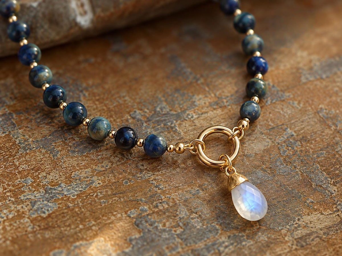 Blue Tiger Eye Beaded Necklace, Moonstone Pendant Necklace, June Birthstone Gift, Natural Stone Charm Holder, Statement Gemstone Choker