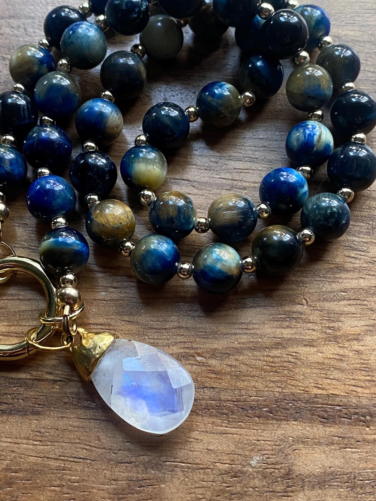 Blue Tiger Eye Beaded Necklace, Moonstone Pendant Necklace, June Birthstone Gift, Natural Stone Charm Holder, Statement Gemstone Choker