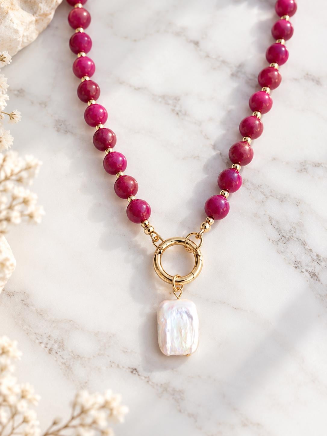Berry Purple Jade Beaded Necklace, Freshwater Pearl Pendant, June Birthstone Gift, Gold Gemstone Charm Holder
