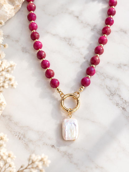 Berry Purple Jade Beaded Necklace, Freshwater Pearl Pendant, June Birthstone Gift, Gold Gemstone Charm Holder