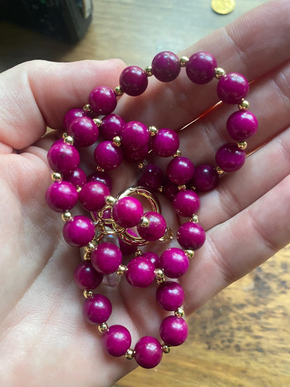 Berry Purple Jade Beaded Necklace, Freshwater Pearl Pendant, June Birthstone Gift, Gold Gemstone Charm Holder
