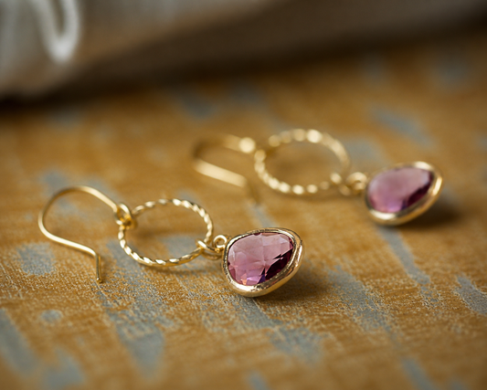 Dusty Rose Crystal  Charm Hoop Earrings, Gold Hoop Earrings with Crystal Teardrop, Gemstone Dangle Earrings
