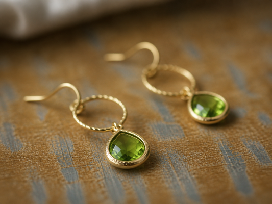 Peridot Crystal Drop Hoop Earrings, Green Crystal Dangle Earrings, August Birthstone Earrings