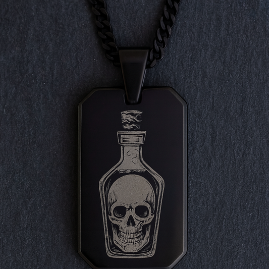 Tell No Tales Necklace - Men's Dog Tag Necklace - Black  - Rum Bottle with Skull Pirate Jewelry
