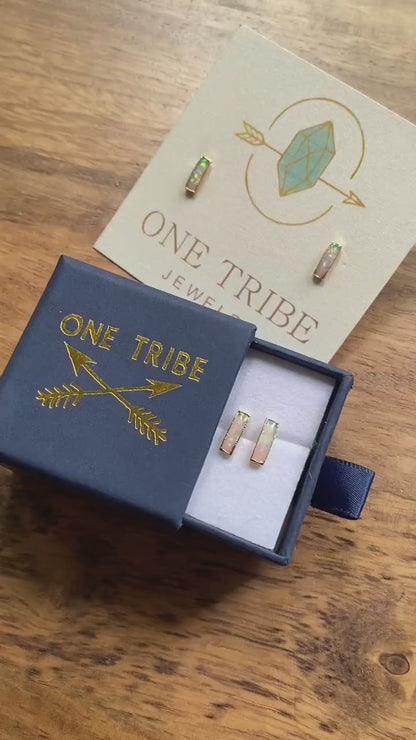 Small Blue Opal Bar Stud Earrings | 14k Gold Opal Earrings | October Birthstone Jewelry | Gift for Her, Opal Post Earrings, Opal Studs Gold