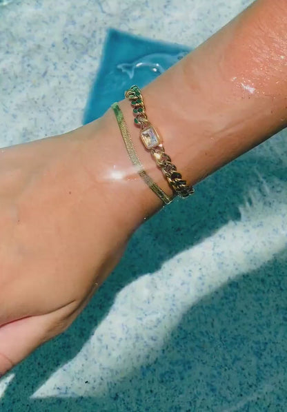 Waterproof Gold Filled Stacking Bracelets - Thick Chain Bracelet - Herringbone Bracelet- Curby Chain Crystal Bracelet