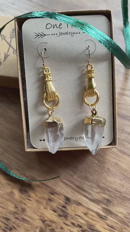 Gold Vermeil Quartz Point Figa Earrings | Raw Crystal Stone Dangles,