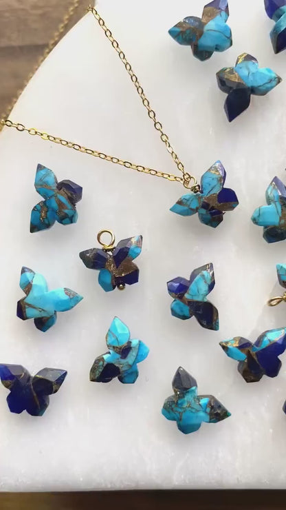 Dainty Butterfly Necklace – 18k Gold Fill with Carved Mojave Turquoise & Lapis Lazuli Pendant, Nature-Inspired Jewelry