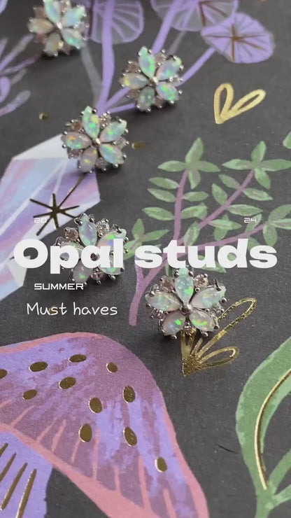 Opal Flower Stud Earrings Gold, October Birthstone Earrings, White Opal Post Earrings