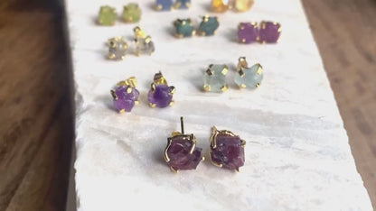 Raw Ruby Stud Earrings | July Birthstone Gift | Natural Pink Gemstone Post Earrings