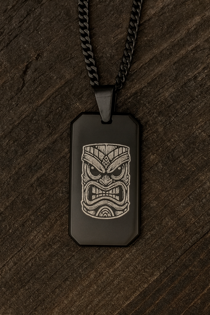 Men's Black Dog Tag Necklace with Tiki Mask Laser Engraving | Surfer & Hawaii-Inspired Black Cuban Chain Pendant