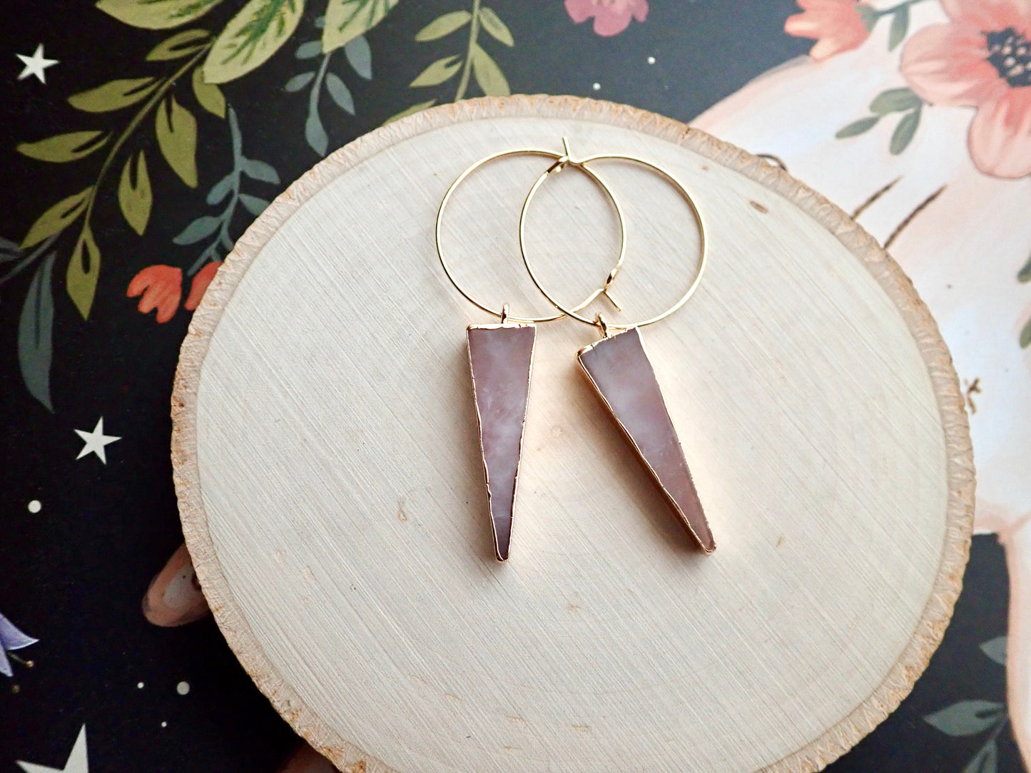 Tall Rosalind Rose Quartz Hoops