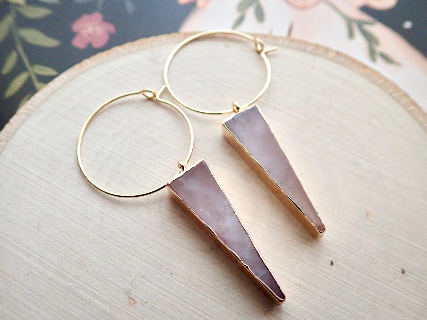 Tall Rosalind Rose Quartz Hoops