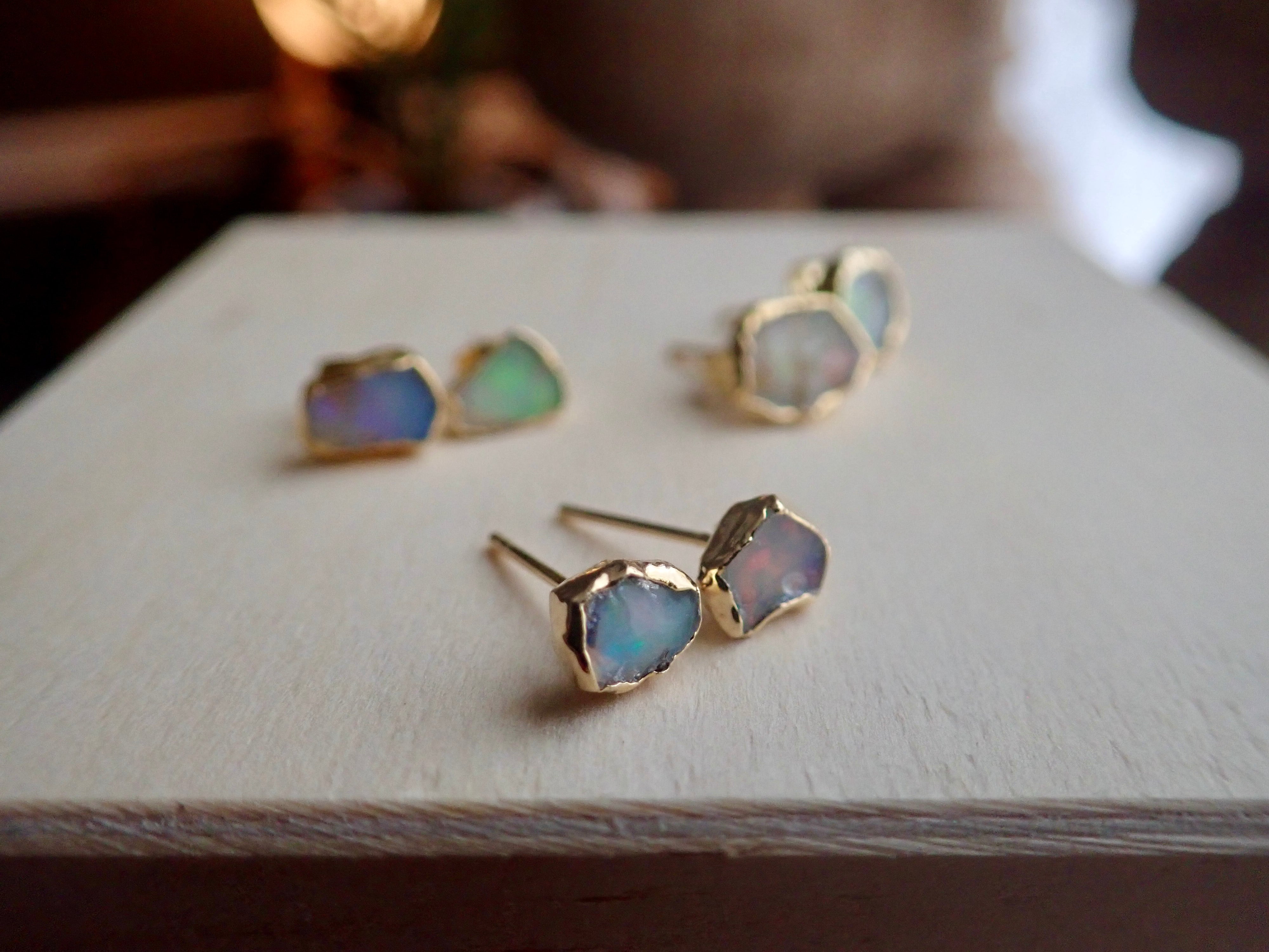 yellow gold and diamond studs with centered opal stone – Meira T Boutique