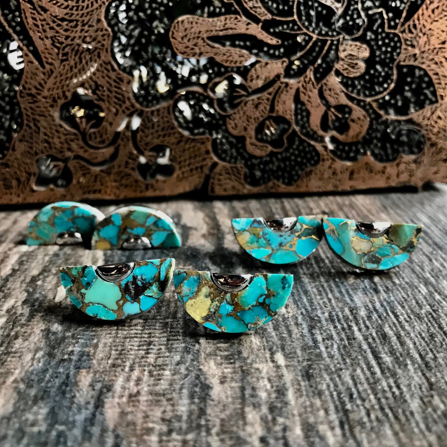 Turquoise Stud Earrings, Turquoise Earrings Silver, Big Stud Earrings, Raw Stone Earrings, Half Moon Earrings, SemiCircle Statement Earrings