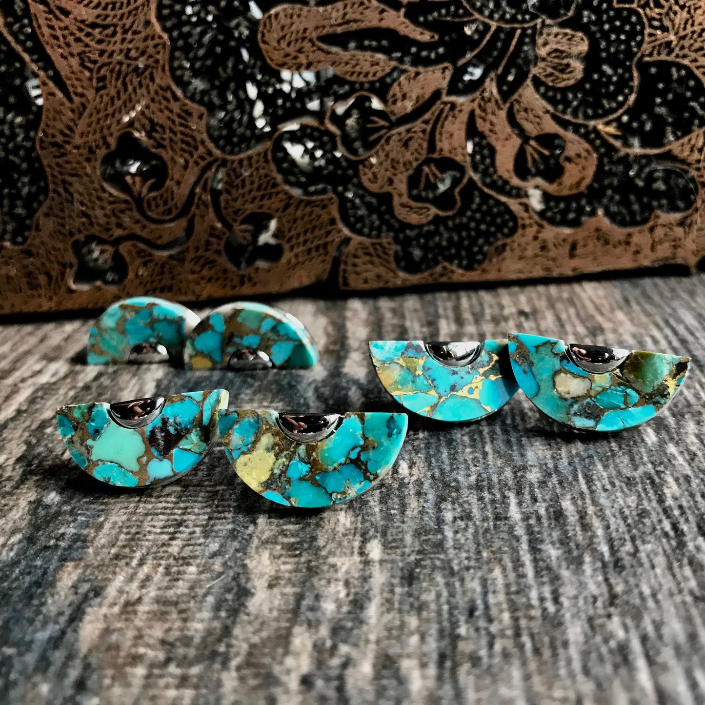 Turquoise Stud Earrings, Turquoise Earrings Silver, Big Stud Earrings, Raw Stone Earrings, Half Moon Earrings, SemiCircle Statement Earrings