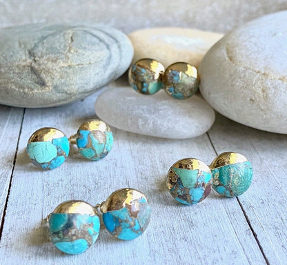 Turquoise Stud Earrings,Turquoise Earrings Gold,Gold Turquoise Studs,Raw Stone Earrings,Turquoise Jewelry,Boho Stud Earrings,Round Turquoise