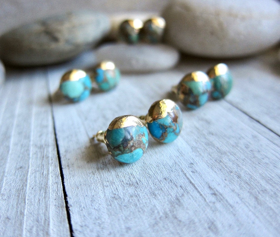 Turquoise Stud Earrings,Turquoise Earrings Gold,Gold Turquoise Studs,Raw Stone Earrings,Turquoise Jewelry,Boho Stud Earrings,Round Turquoise