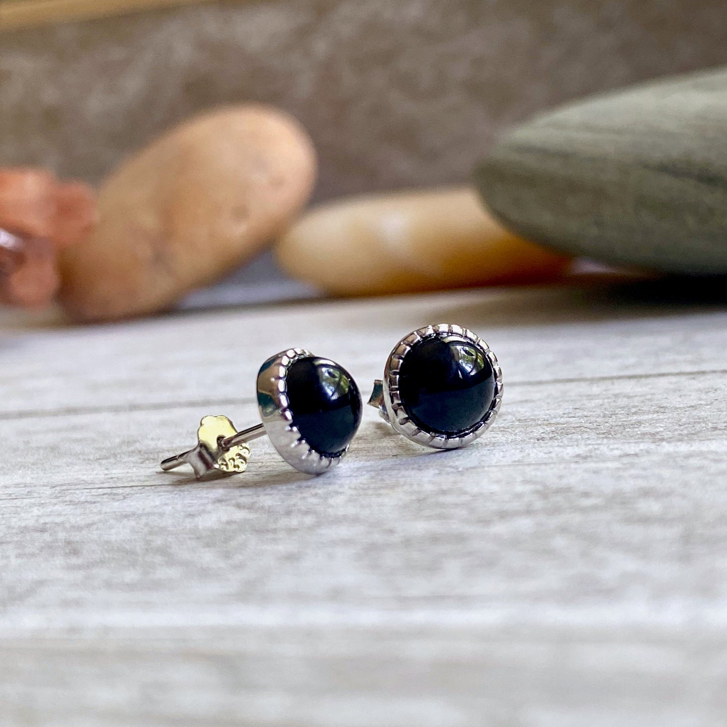 Small Black Gemstone Stud Earrings, Sterling Silver Onyx Studs, Round Gemstone Studs, Minimalist Everyday Earrings