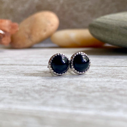 Small Black Gemstone Stud Earrings, Sterling Silver Onyx Studs, Round Gemstone Studs, Minimalist Everyday Earrings