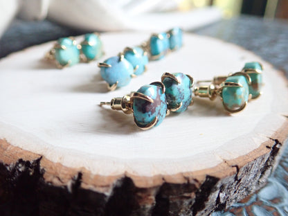 Turquoise Stud Earrings, Turquoise Earrings Gold, Gold Turquoise Studs, Raw Gemstone Earrings, Turquoise Jewelry,December Birthstone Gift
