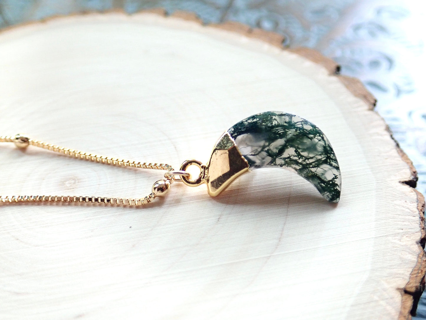 Moss Agate Crescent Moon Necklace