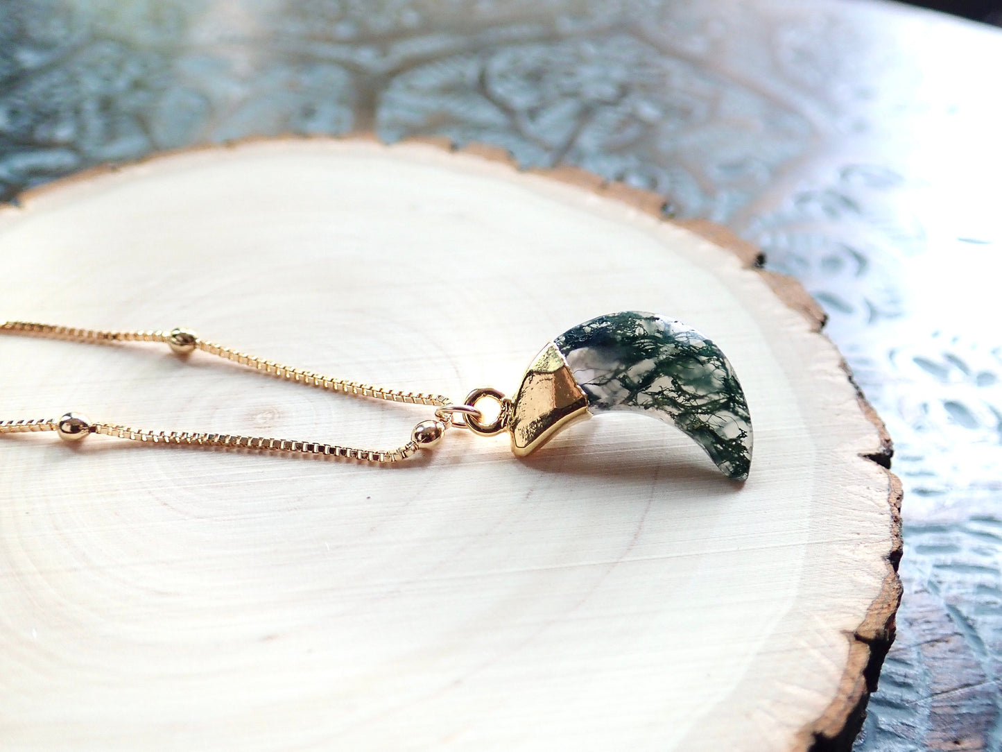 Moss Agate Crescent Moon Necklace