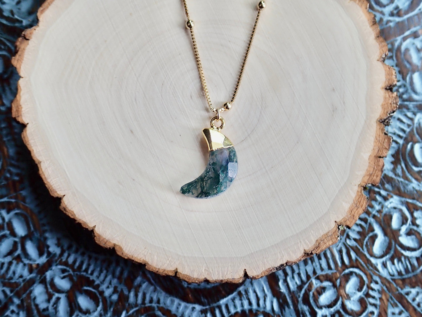 Moss Agate Crescent Moon Necklace